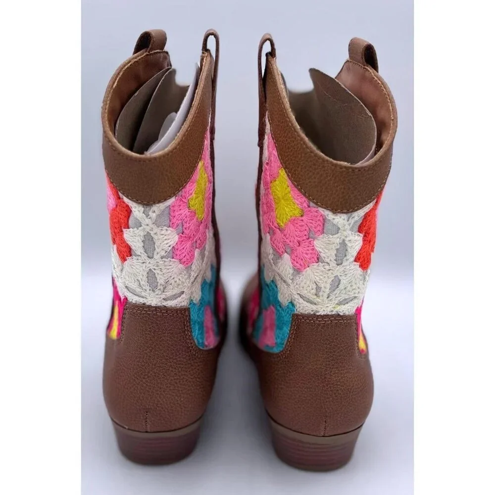 Sonoma Girls Western Cowboy Boots Brown Crochet Mid-Calf Ankle Boots Size 4